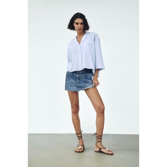 ZARA Blue White STRIPED PAJAMA STYLE OVERSIZE BLOUSE Size S NEW - Picture 2 of 7